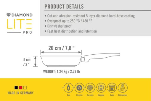 Woll Diamond Lite Pro Diamond Reinforced Induction Non-stick, Anti-Corrosion, Cut-Resistant, Light Weight, Induction Ready Fry Pan and Stainless Steel Handle, 8-Inch, Made in Germany - Image 2