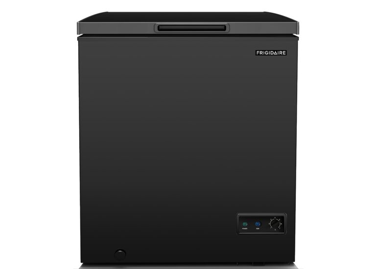 FRIGIDAIRE EFRF5003-BLACK Chest Deep Freezer-Garage-Ready, 5.0 Cu. Ft. Capacity, Black-Adjustable Thermostat-Removable Vinyl Coated Wire Basket-Easy Defrost Drain