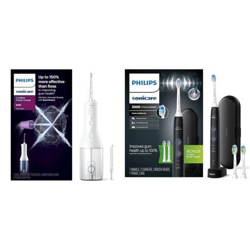 Philips Sonicare Cordless Power Flosser 3000 & ProtectiveClean 5300 Rechargeable Electric Power Toothbrush, Black, HX6423/34