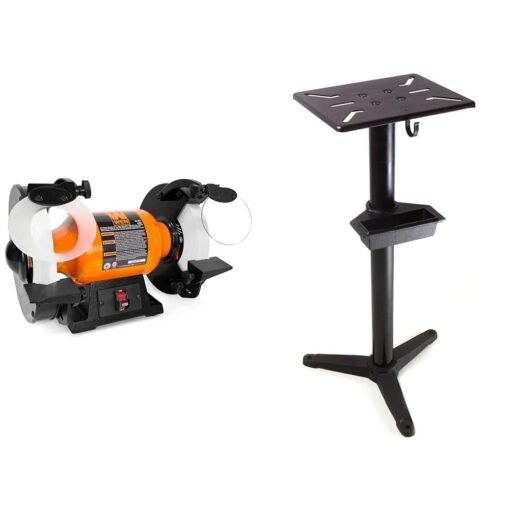 WEN BG4286 3-Amp 8-Inch Slow Speed Bench Grinder, Orange,black & Bench Grinder Stand, 32-Inch with Water Pot (4288T), Black