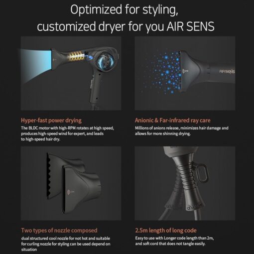 JMW Hair Dryer AIR SENSE I 15 WINDS - 3 Heat X 5 Speed mix, 2 nozzles & dryer Stand, upgrade BLDC motor, 100% Cool shot, Smart Memory, Fast Drying, Low Noise, Curling, Durable, Blow Dryer Frizzy Hair, - Image 5