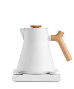 Fellow Corvo EKG Pro Electric Tea Kettle - Quick Heating, Precise Temperature Control Electric Kettle, Scheduling, Built-in Brew Timer for Boiling Water - Matte White with Maple Handle - 0.9 Liter