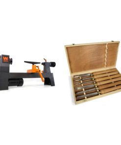 WEN LA3421 3.2-Amp 8-Inch by 13-Inch Variable Speed Mini Benchtop Wood Lathe, Black & CH11 6-Piece Artisan Chisel Set with 6-Inch High-Speed Steel Blades and 10-Inch England Beech Handles