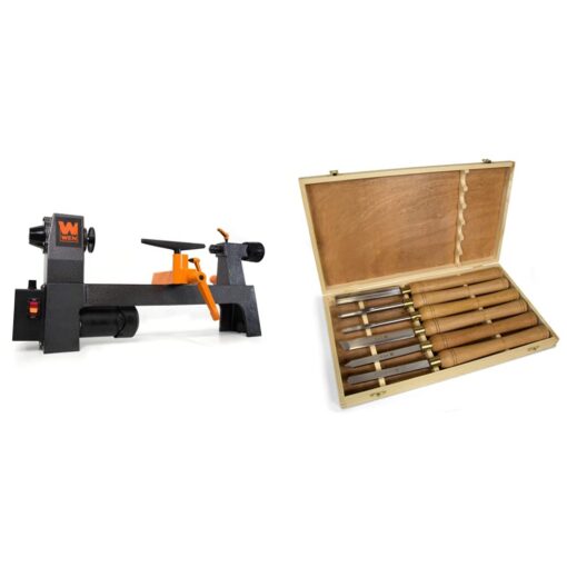 WEN LA3421 3.2-Amp 8-Inch by 13-Inch Variable Speed Mini Benchtop Wood Lathe, Black & CH11 6-Piece Artisan Chisel Set with 6-Inch High-Speed Steel Blades and 10-Inch England Beech Handles