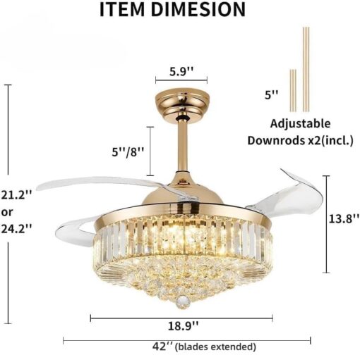 42'' Fandelier Ceiling Fans with Light, Chandelier Ceiling Fan, Retractable Crystal Ceiling Fan for Bedroom, Living Room, 3 Color Change, LED Dimmable, 6 Speeds, Reversible DC Motor-Gold - Image 4