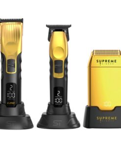 Supreme Trimmer 3-in-1 Barber Bundle | 2Spee Clipper, 2Spee Trimmer & Crunch Foil Shaver | Professional Beard Trimmer Men’s Hair Clipper Kit | (Gold)
