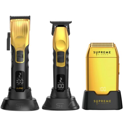 Supreme Trimmer 3-in-1 Barber Bundle | 2Spee Clipper, 2Spee Trimmer & Crunch Foil Shaver | Professional Beard Trimmer Men’s Hair Clipper Kit | (Gold)