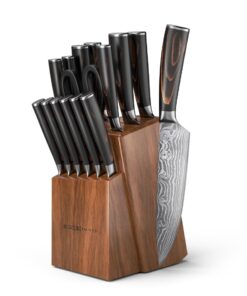 Yatoshi 15 Piece Knife Block Set - Pro Kitchen Knife Set Ultra Sharp High Carbon Stainless Steel with Ergonomic Handle