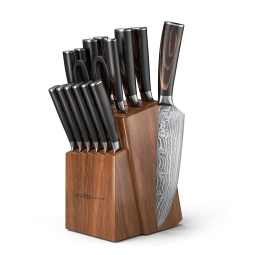 Yatoshi 15 Piece Knife Block Set - Pro Kitchen Knife Set Ultra Sharp High Carbon Stainless Steel with Ergonomic Handle