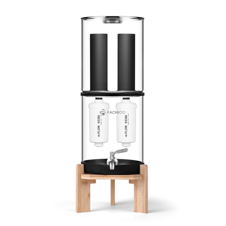 FACHIOO Glass Gravity-Fed Water Filter System, Countertop System with 2 Black NSF/ANSI 42 Certification Elements, 2 Fluoride, Metal Spigot and Stand, Reduces Fluoride and Chlorine, 2.25G