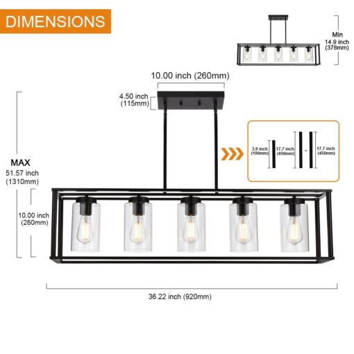 VINLUZ Farmhouse Chandeliers Rectangle Black 5 Light Dining Room Lighting Fixtures Hanging, Kitchen Island Cage Pendant Lights Contemporary Modern Ceiling Light with Glass Shade Adjustable Rods - Image 5