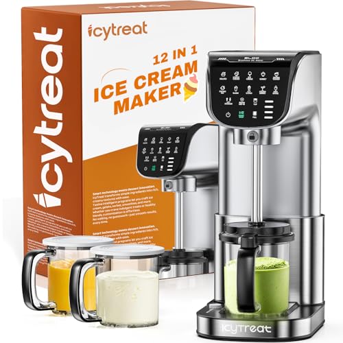IcyTreat Ice Cream Maker Machine 12-in-1, Full Automatic Stainless Steel Homemade Ice Cream Maker for Sorbet, Milkshake, Frozen Yogurt & More, Easy to Clean Ice Cream Machine, (3) Family-Sized Tubs