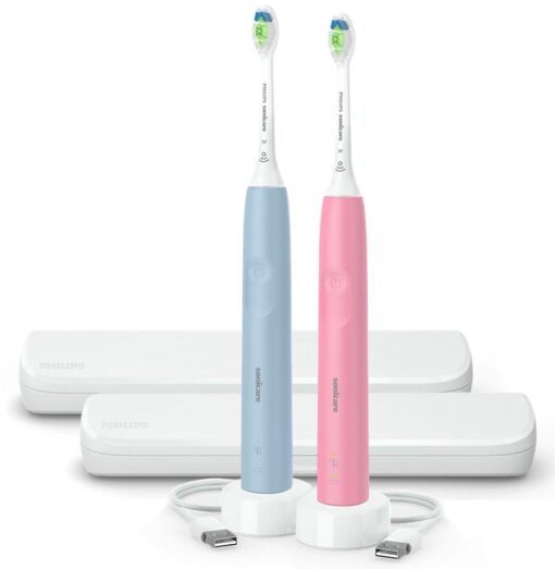 Philips Sonicare Electric Toothbrush with DiamondClean Brush Head 2-Pack Bundle, Rechargeable Electric Tooth Brush with Pressure Sensor, Sonic Electronic Toothbrush, Travel Case, Pink & Blue