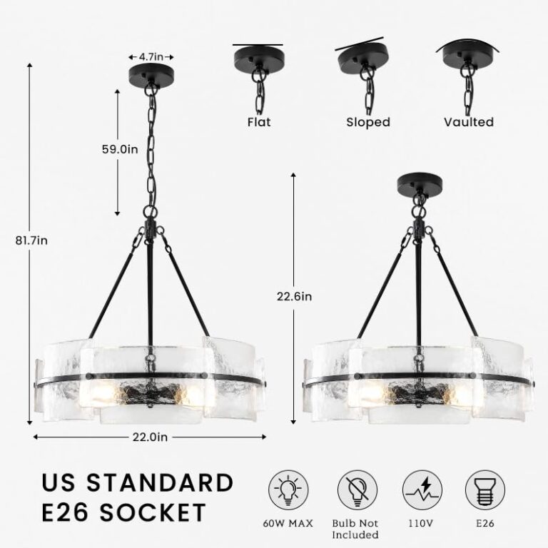 Modern Dining Room Chandelier 22” Black Textured Glass Chandelier Luxury Drum Crystal Light Fixture Farmhouse Round Hanging Lighting for Dining Room Kitchen Island Living Room Hallway Bedroom - Image 4
