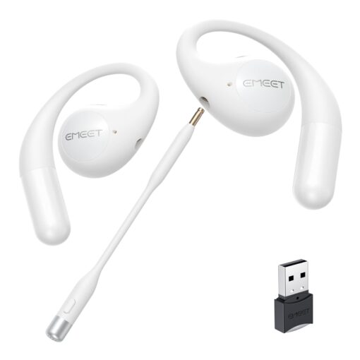 EMEET Airflow Open Ear Headphones with Mic, Bluetooth 5.3 Wireless Headsets with Detachable Microphone, ENC Noise Cancelling, Multipoint Pairing, Bluetooth Headset for Work, Home, Office（White）