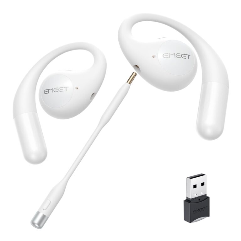 EMEET Airflow Open Ear Headphones with Mic, Bluetooth 5.3 Wireless Headsets with Detachable Microphone, ENC Noise Cancelling, Multipoint Pairing, Bluetooth Headset for Work, Home, Office（White）