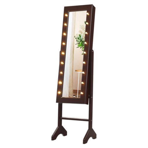 Giantex Standing Jewelry Armoire with 18 LED Lights Around the Door, Large Storage Mirrored Jewelry Cabinet with Full Length Mirror, 16 Lipstick Holders, 1 Inside Makeup Mirror (Brown) - Image 2