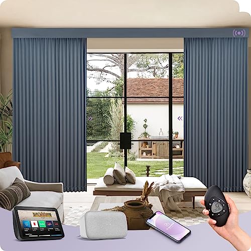 Graywind Hardwired Smart Curtains Compatible with Alexa Google Remote Control Motorized Drape for Sliding Door One-Way or Split Draw, Custom Width to 220" (Galaxy Series)