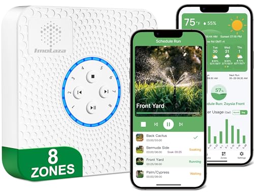 ImoLaza Smart Sprinkler Controller Evapotranspiration Master: 8 Zones WiFi Irrigation Controller with Automated Watering and App Control, Save Water Through Rain, Freeze, Wind and Saturation Skip