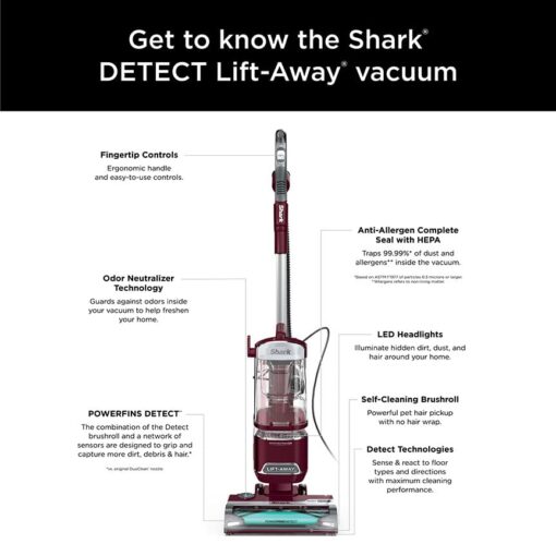 Shark DETECT Lift-Away Corded Upright Vacuum with Detect Technology, Self-Cleaning Brushroll for No Hair Wrap, Anti-Allergen Complete Seal, and Odor Neutralizer Technology, Burgundy, LA492 - Image 2