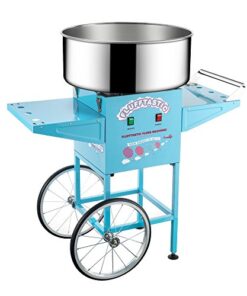 Cotton Candy Machine With Cart – 1000W Flufftastic Floss Maker With Stainless-Steel Pan, Side Trays, And 13in Wheels By Great Northern Popcorn (Blue)