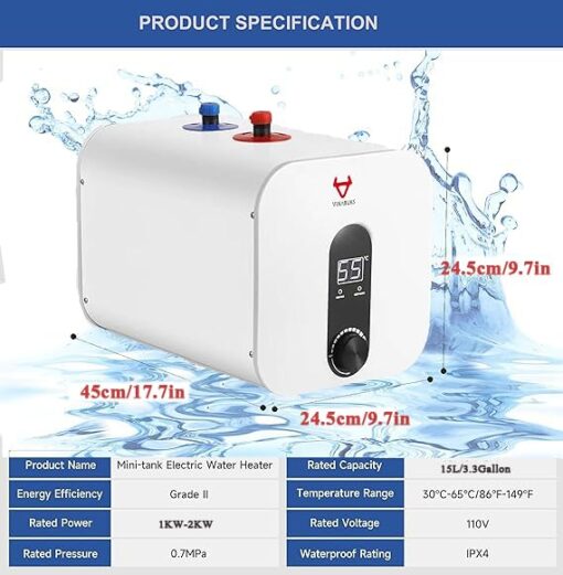 VINABUKS Electric Water Heater Smart 3.3 Gallon Point of Use Hot Water Heaters 120V US Safty Plug Boiler Wash Under Sink (15L) - Image 3