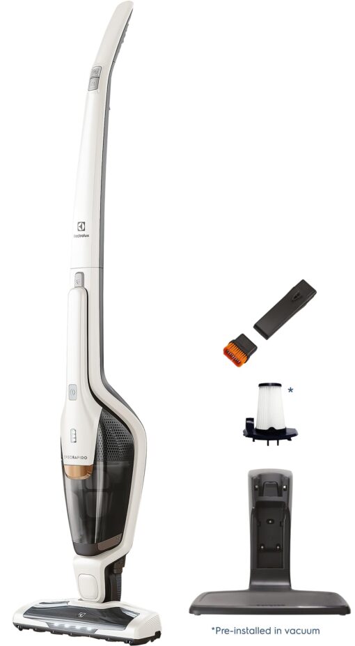 Electrolux Ergorapido Cordless 2-in-1 Vacuum Cleaner with High Suction Power and 180-Degree EasySteer Mobility, 48-Minute Run Time, 2 Power Modes, Satin White