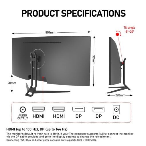 Gawfolk 34 Inch Ultrawide Curved 144Hz Gaming Computer Monitor 1500R PC Screen 21:9 UWQHD (3440x1440),Adaptive Sync,178° Viewing Angle,Display Port、HDMI2.0,Compatible with Wall mounting - Black - Image 2