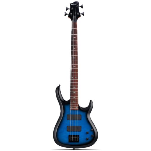 Leo Jaymz CB-400 4 String 34" Scale Electric Bass Guitar, 24 Frets, Mahogany Body, Rosewood Fingerboard with Abalone Inlays, Roasted Maple Neck, H-H Pickups, Glossy Body Finish (CB Flame Blue)