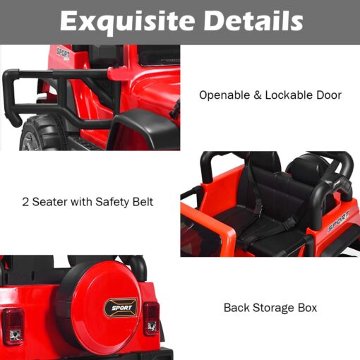 Costzon 2-Seater Ride on Truck, 12V Battery Powered Electric Vehicle Toy w/Remote Control, 3 Speed, LED Lights, MP3, Horn, Music, 2 Doors Open, Spring Suspension, Ride on Car for Kids (Red) - Image 4
