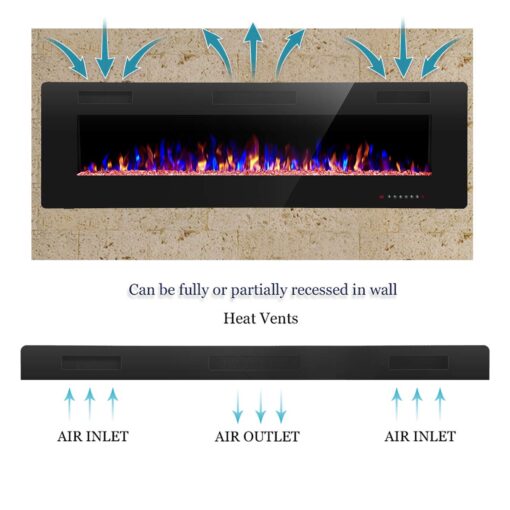 R.W.FLAME 60" Recessed and Wall Mounted Electric Fireplace, Low Noise, Fit for 2 x 6 Stud, Remote Control with Timer, Touch Screen, Adjustable Flame Color and Speed, 750-1500W - Image 5