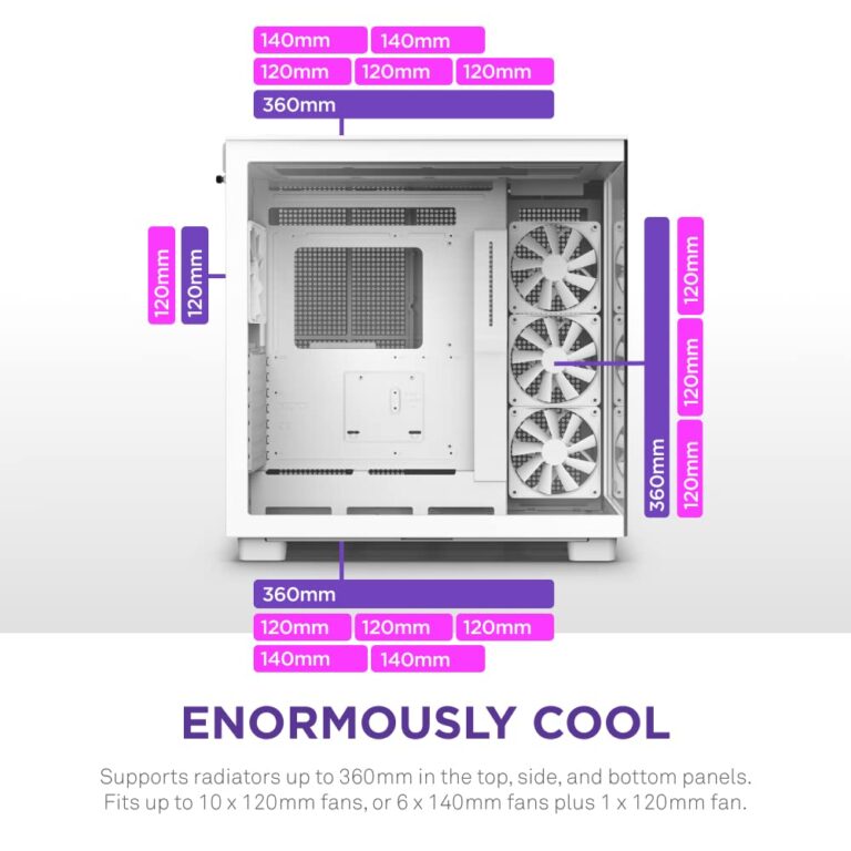 NZXT H9 Flow Dual-Chamber ATX Mid-Tower PC Gaming Case – High-Airflow Perforated Top Panel – Tempered Glass Front & Side Panels – 360mm Radiator Support – Cable Management – White - Image 4
