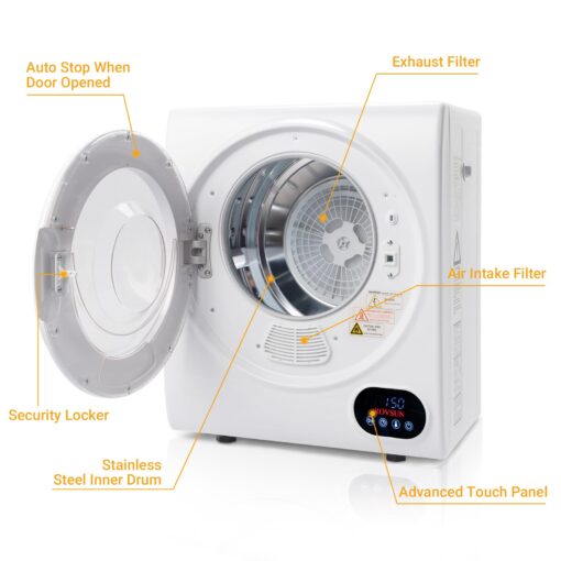Bonnlo Portable Clothes Dryer, Front Load Electric Dryers Machine, Compact Laundry Dryers with Stainless Steel Tub, for Home, Apartment, Dorm, White (LCD Touch Control) - Image 4