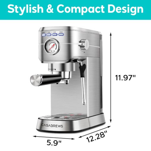 CASABREWS CM5418 Espresso Machine 20 Bar, Compact Espresso Maker with Steam Milk Frother, Stainless Steel Coffee Machine with 34oz Removable Water Tank for Cappuccino, Latte, Silver - Image 4