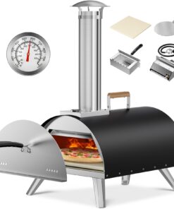 Multi-Fuel Pizza Oven Outdoor, 12" Portable Wood and Gas Fired Pizza Oven with Thermometer,Gas Hose & Pizza Stone,Heats up to 1000°F,Stainless Steel Pizza Oven for Backyard or Camping (Black)