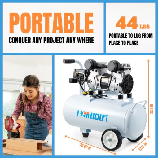 Air Compressor, Quiet Air Compressor, Only 68dB, 8 Gallon Durable Steel Air Tank, 2.8CFM @ 90PSI, Oil-Free, Ideal For Woodwork Nailing, Garage, Car, Pneumatic Tool, 1.2 HP - Image 6