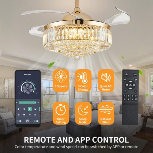 42'' Fandelier Ceiling Fans with Light, Chandelier Ceiling Fan, Retractable Crystal Ceiling Fan for Bedroom, Living Room, 3 Color Change, LED Dimmable, 6 Speeds, Reversible DC Motor-Gold - Image 5
