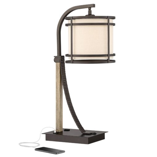 Franklin Iron Works Gentry Industrial Desk Table Lamp 22" High with USB and AC Power Outlet in Base Oil Rubbed Bronze Faux Wood Metal Cage Oatmeal Drum Shade for Bedroom Living Room House Desk - Image 9
