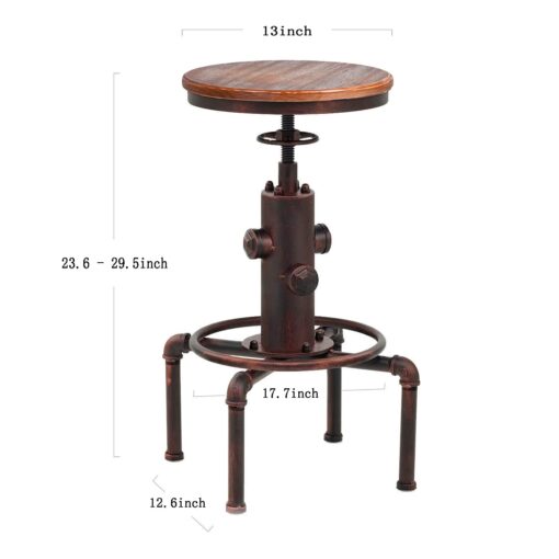 Topower Antique Vintage Industrial Barstool Solid Wood Water Pipe Fire Hydrant Design Cafe Coffee Industrial Bar Stool Set of 2 Red Bronze - Image 10