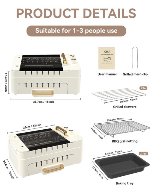 XHJ Indoor BBQ Kabob Skewers Grill,Smokeless Auto 360° Rotating Electric Barbecue Skewers Rotisserie,3 In 1 Indoor Electric Tabletop Grill with Removable Lid,Dual Zone Cooking - Image 9