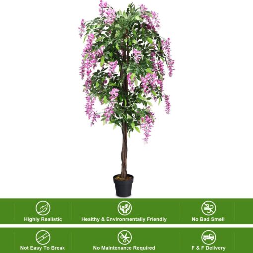 Goplus 6FT Ficus Artificial Tree, 2 Pack Fake Wisteria Tree in Nursery Pot, Greenery Faux Floor Plant, Tall Artificial Plants for Indoor Outdoor Bedroom Living Room Decor - Image 5