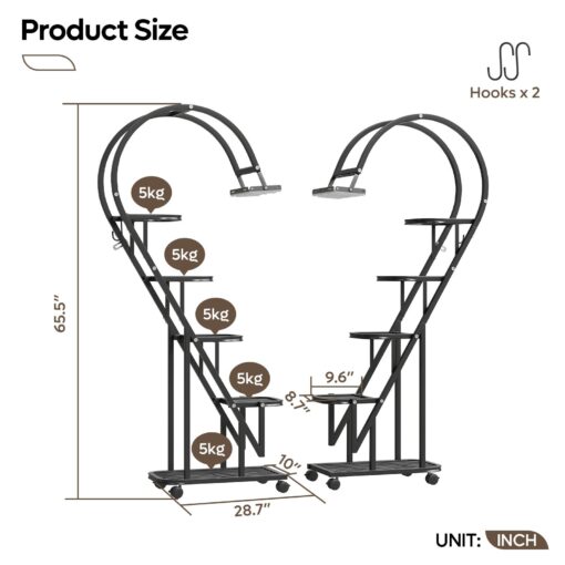 Bestier Plant Stand Indoor with Grow Lights, 5 Tiered Metal Plant Stand with Wheels, 65" Tall Plant Stands for Indoor Plants Multiple, 2 Pack Half-Heart Shape Plant Rack for Living Room Patio Balcony - Image 3