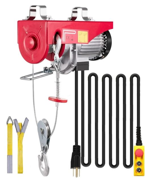Happybuy Electric Hoist, 2200 lb Overhead Crane Garage w/Steel Hook, Remote Control & Emergency Stop Switch Ceiling Pulley Winch for Warehouse, Construction, Goods Lifting, 110V Red, 2200Lbs