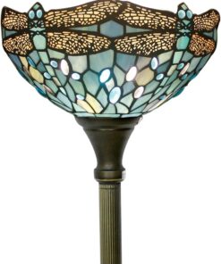 WERFACTORY Tiffany Floor Lamp Sea Blue Stained Glass Dragonfly Light 12X12X66 Inches Pole Torchiere Standing Corner Torch Uplight Decor Bedroom Living Room Home Office S147 Series