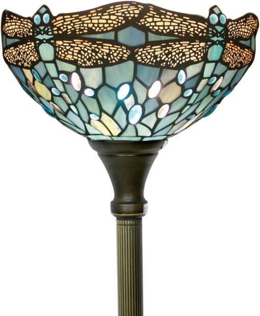 WERFACTORY Tiffany Floor Lamp Sea Blue Stained Glass Dragonfly Light 12X12X66 Inches Pole Torchiere Standing Corner Torch Uplight Decor Bedroom Living Room Home Office S147 Series