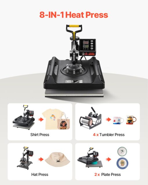 VEVOR 8 in 1 Heat Press Machine 15x15 Inch, 360° Swing Away Tshirt Press, Digital Professional Sublimation Heat Transfer for T Shirts Hat Cap Mug Plate - Image 10