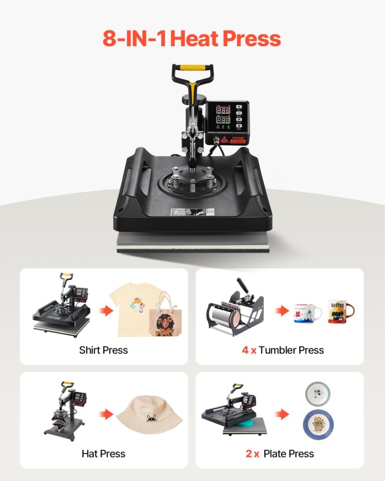 VEVOR 8 in 1 Heat Press Machine 15x15 Inch, 360° Swing Away Tshirt Press, Digital Professional Sublimation Heat Transfer for T Shirts Hat Cap Mug Plate - Image 10