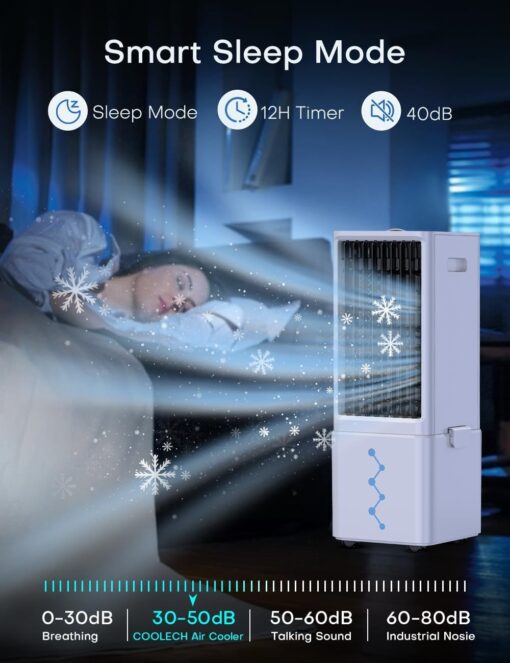 COOLECH Portable Air Conditioners w/Remote, 4 Modes & 3 Speeds, Waterless Alert System & 2.4-Gal Tank for 20H Cooling, 12H Timer for Auto Off, 3-IN-1 Evaporative Air Cooler for Room Bedroom Office - Image 3