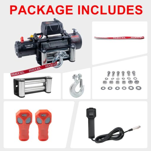 RUGCEL WINCH 12000lb 12V Truck Waterproof Electric Black Steel Rope Electric Winch with Roller Fairlead,Wired Handle,2 Infrared Remote Control,Jeep Trailer Winch - Image 5