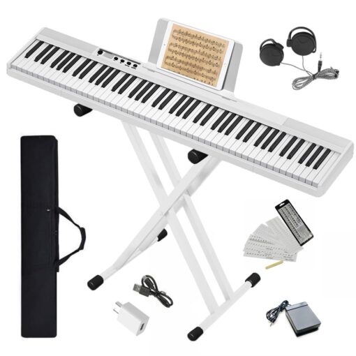 Longeye Piano Keyboard 88 Keys Compact Portable Digital Piano for Beginners with Semi-Weighted Full-Size Keys, Stand, Headphones, Sustain Pedal, Carrying Case, White